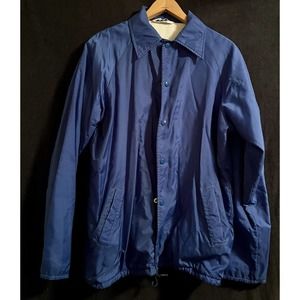 Navy Blue Rain Jacket Windbreaker Packable Snap Pockets Lined 80s 90s S Retro